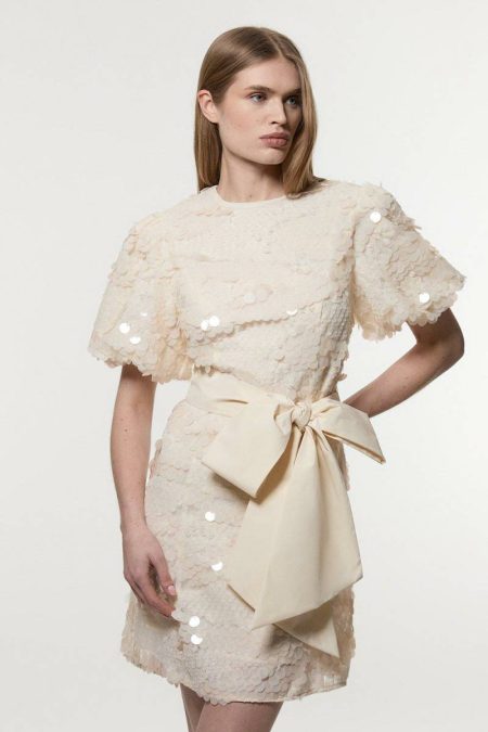 Karen Millen Textured Sequin Puff Sleeve Woven Satin Tie Mini Dress Blush Mini Dresses Women