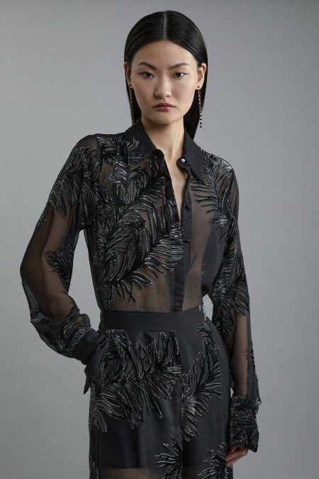 Karen Millen Tops Black Women Petite Feather Devore Woven Shirt And Trouser Set