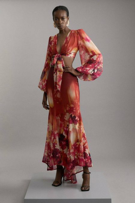 Karen Millen Tops Burnt Orange Ombre Floral Woven Crinkle Co-Ord Set Women