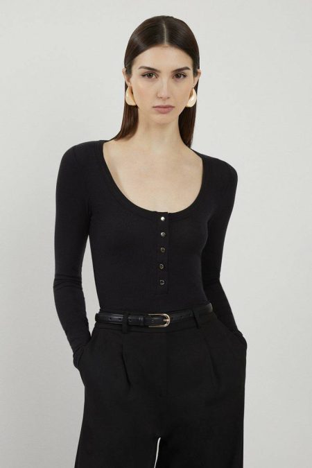 Karen Millen Tops Ivory Women Lux Viscose Rib Jersey Long Sleeve Scoop Neck Top