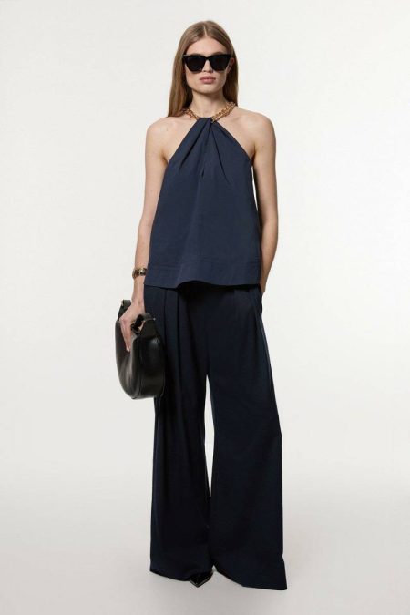Karen Millen Tops Navy Women Cotton Poplin Chain Halter Neck Woven Shirt