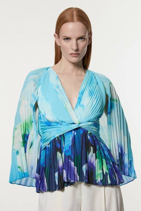 Karen Millen Tops Ombre Floral Soft Pleated Woven Blouse With Cape Women Blue