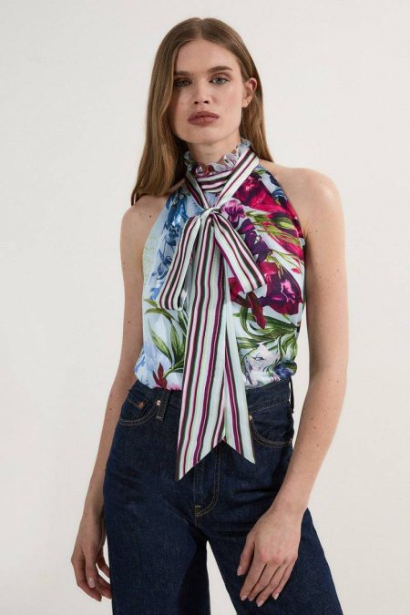 Karen Millen Tops Women Floral Floral Printed Halter Neck Woven Blouse