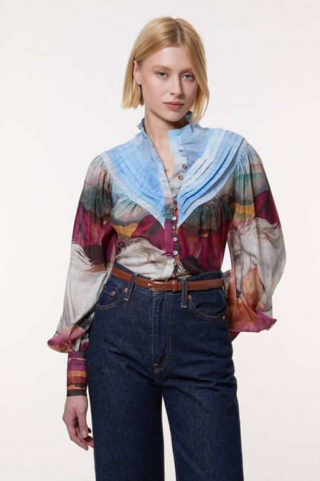 Karen Millen Tops Women Silk Cotton Stallion Print Pin Tuck Woven Blouse Blue