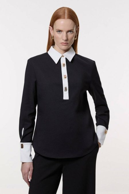 Karen Millen Tops Women Tall Techno Cotton Woven Shirt With Gold Clasp Mono