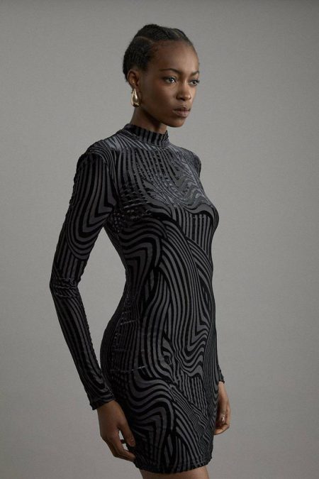 Karen Millen Velvet Devore Jersey Cut Out Mini Dress Tailoring Black Women