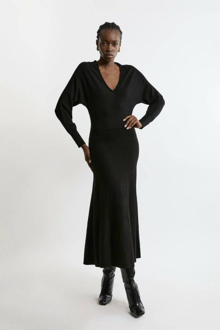 Karen Millen Viscose Blend Collared Bat Wing Knitted Midi Dress Black Women Tailoring
