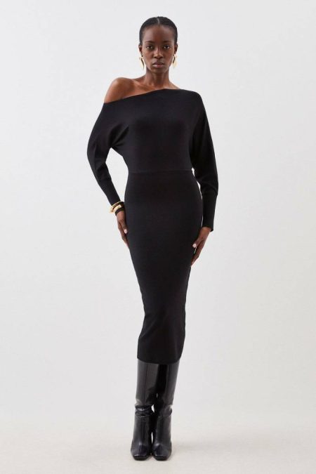 Karen Millen Viscose Blend Knit Asymmetric Neck Midi Dress Tailoring Women Black