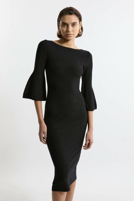 Karen Millen Viscose Blend Look Knit Midi Dress With Fluted Sleeve Midi Dresses Sand Women