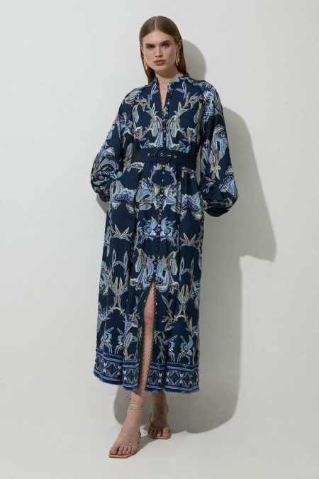 Karen Millen Viscose Linen Mirrored Floral Belted Woven Maxi Dress Navy Women Maxi Dresses