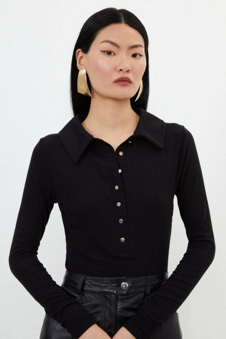 Karen Millen Viscose Rib Jersey Long Sleeve Collared Top Women Tops Ivory