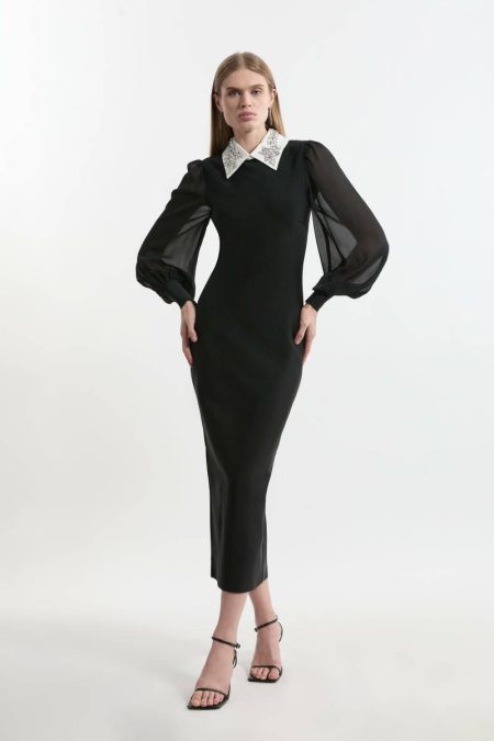 Karen Millen Women Bandage Collared Knitted Midi Dress With Sheer Sleeve Midi Dresses Black