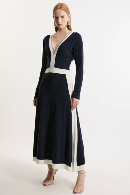 Karen Millen Women Cashmere Wool V Neck Color Block Dress Navy Tailoring