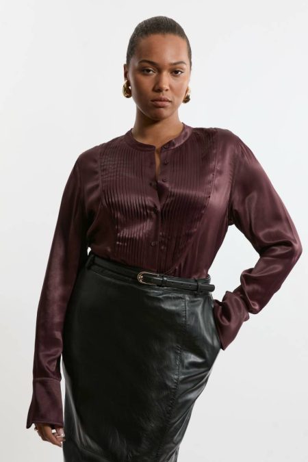 Karen Millen Women Chocolate Tailoring The Founder Plus Size Satin Pintuck Woven Blouse