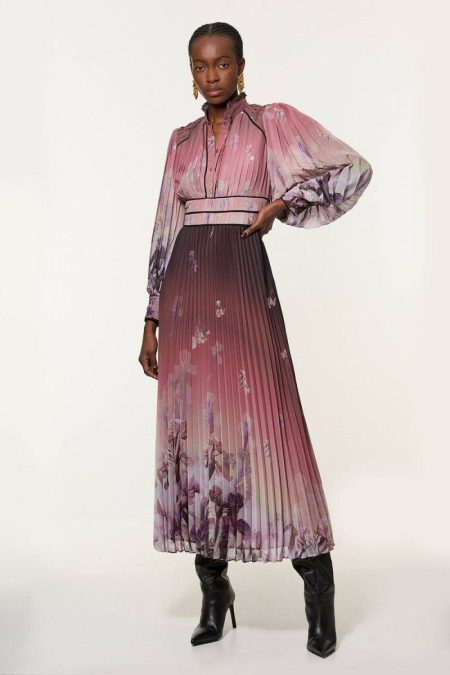 Karen Millen Women Crinkle Pleat Border Floral Button Front Woven Maxi Dress Maxi Dresses Floral