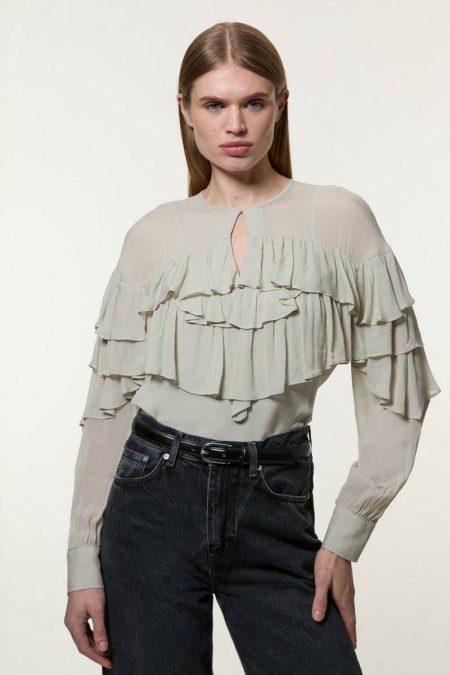 Karen Millen Women Drama Ruffle Viscose Georgette Woven Blouse Sage Tailoring