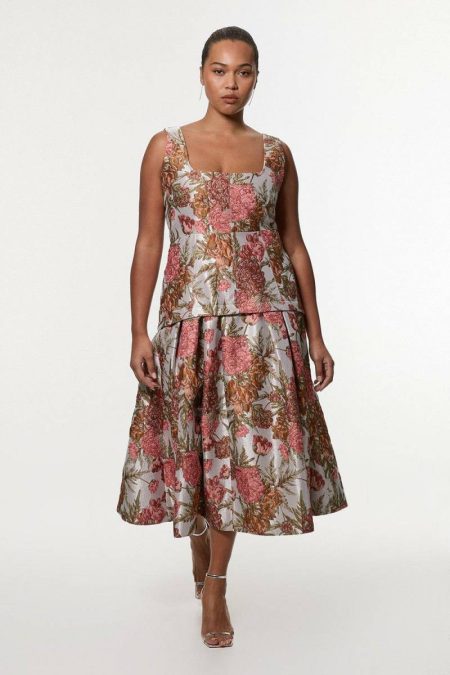 Karen Millen Women Floral Plus Size Floral Jacquard Strappy Full Skirted Tailored Maxi Dress Maxi Dresses