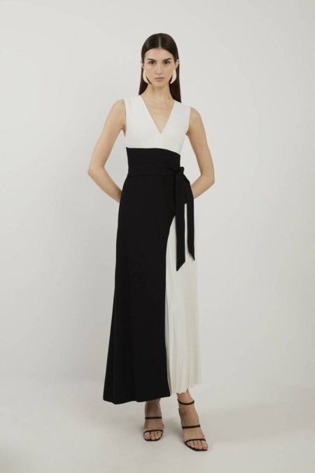 Karen Millen Women Fluid Tailored Color Block Side Pleated Midi Dress Tailoring Mono