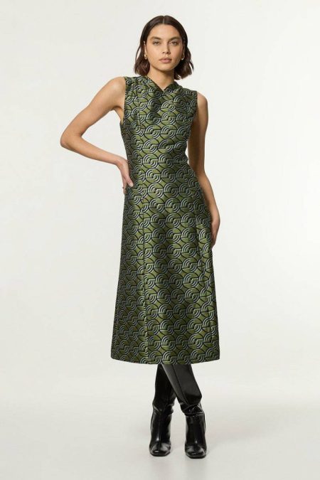 Karen Millen Women Green Petite Geo Jacquard Twill Tailored Full Skirted Belted Midi Dress Midi Dresses