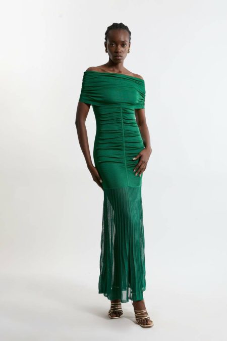 Karen Millen Women Green Tall Viscose Blend Slinky Sheer Knit Off The Shoulder Maxi Dress Maxi Dresses