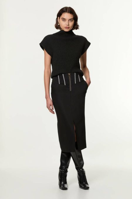 Karen Millen Women Ivory Tailored Contrast Tipped Stitch Detail Midi Skirt Tailoring