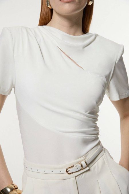 Karen Millen Women Jersey Crepe Ruched Detail Bodysuit Tops Ivory