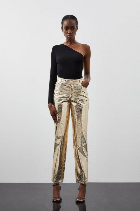 Karen Millen Women Leather Gold Tall Metallic Faux Leather Straight Pants