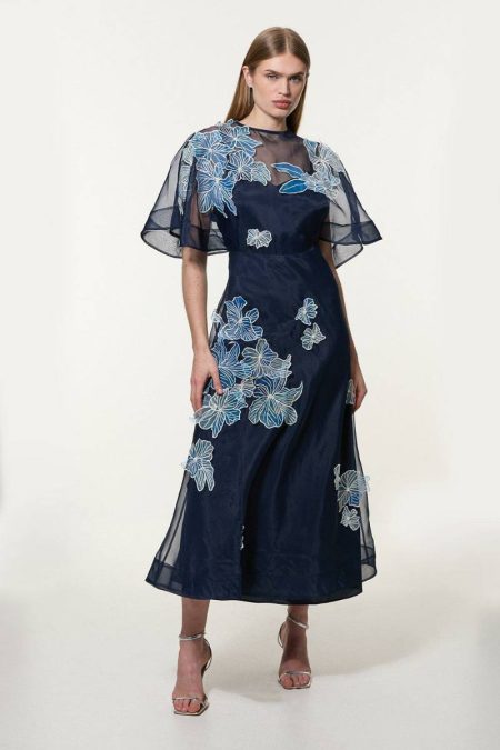 Karen Millen Women Maxi Dresses Floral Applique Organdie Woven Maxi Dress Navy