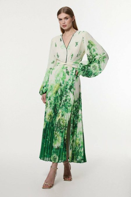 Karen Millen Women Maxi Dresses Green Ombre Floral Soft Pleated Cut Out Woven Maxi Dress