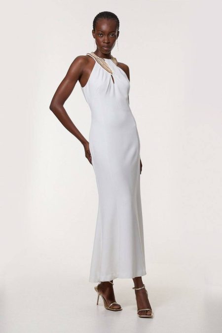 Karen Millen Women Maxi Dresses Ivory Petite Enamel Chain Detail Halter Maxi Dress