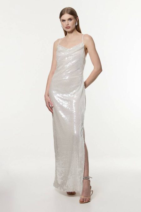 Karen Millen Women Maxi Dresses White Petite Liquid Shine Strappy Cowl Neck Woven Sequin Dress