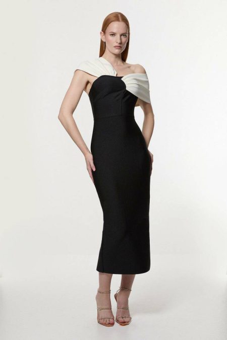 Karen Millen Women Midi Dresses Black Tall Figure Form Bandage Asymmetric Strap Knit Midi Dress