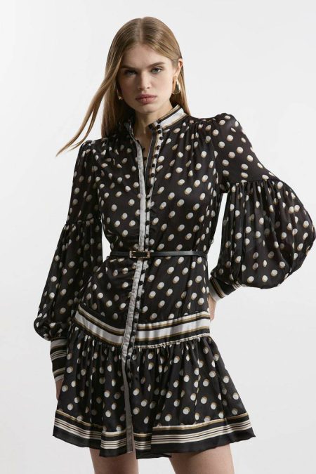 Karen Millen Women Mono Tailoring Tall Polka Dot Woven Balloon Sleeve Belted Mini Dress