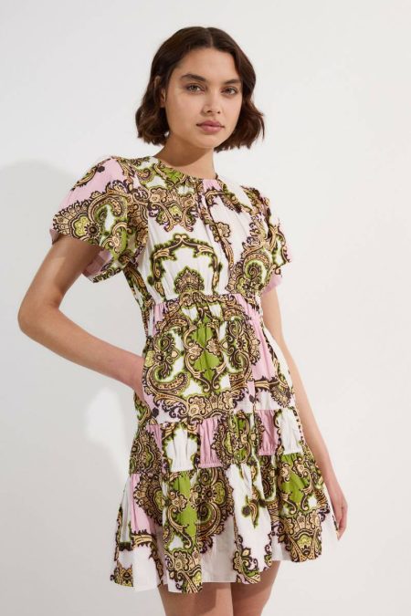 Karen Millen Women Multi Petite Shirred Cotton Tiered Tile Print Woven Mini Dress Mini Dresses