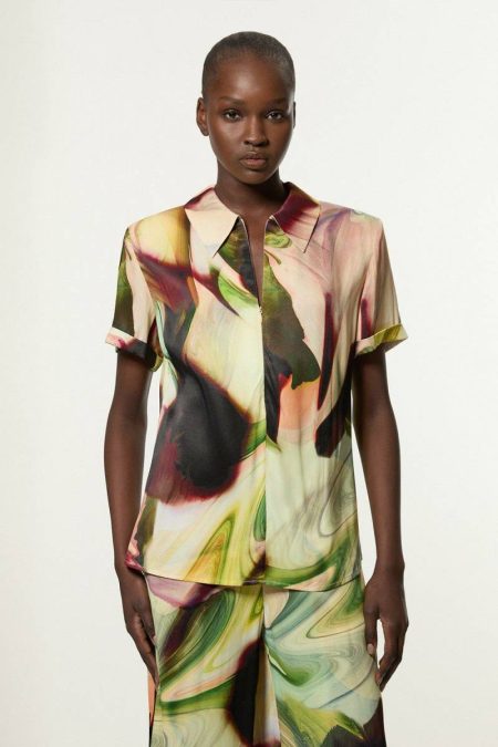 Karen Millen Women Multi Printed Satin Woven Polo Top Tops