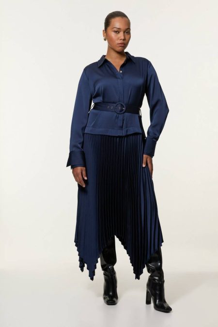 Karen Millen Women Navy Plus Size Satin Back Crepe Woven Pleat Shirt Dress Maxi Dresses