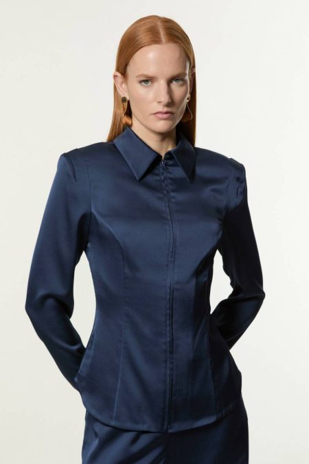 Karen Millen Women Navy Tops Satin Back Crepe Strong Shoulder Woven Zip Front Blouse