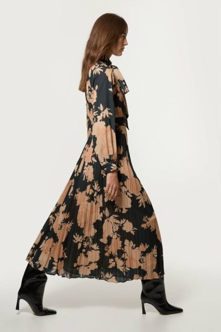Karen Millen Women Ochre Maxi Dresses Tall Pleated Tie Neck Woven Belted Midi Dress
