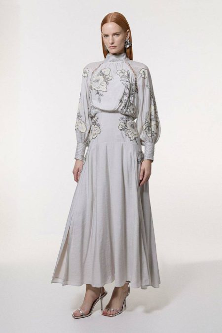 Karen Millen Women Petite Balloon Sleeve Embroidered And Beaded Woven Maxi Dress Maxi Dresses Silver