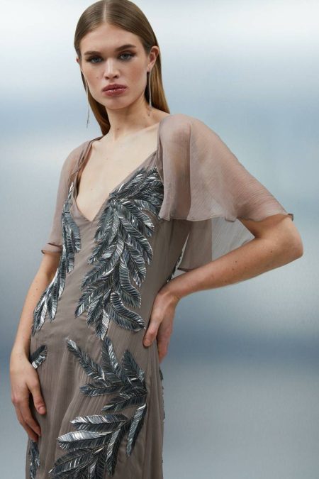 Karen Millen Women Petite Feather Embellished Woven Cape Sleeve Maxi Dress Maxi Dresses Taupe