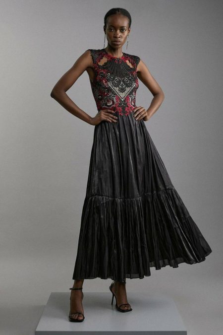 Karen Millen Women Petite Metallic Organdie Flow Skirt Tailoring Black