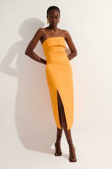 Karen Millen Women Petite Premium Linen Structured Pleated Bandeau Tailored Midi Pencil Dress Midi Dresses Mango