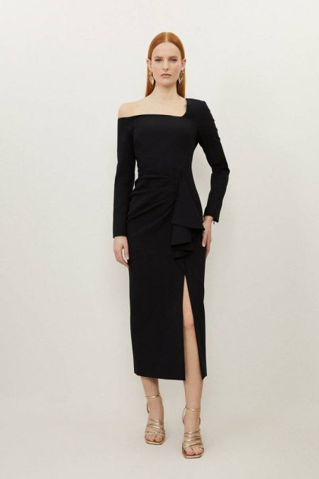 Karen Millen Women Petite Stretch Crepe Asymmetric Neckline Draped Maxi Dress Black Maxi Dresses