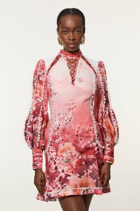 Karen Millen Women Pink Trailing Floral Woven High Neck Mini Dress Mini Dresses