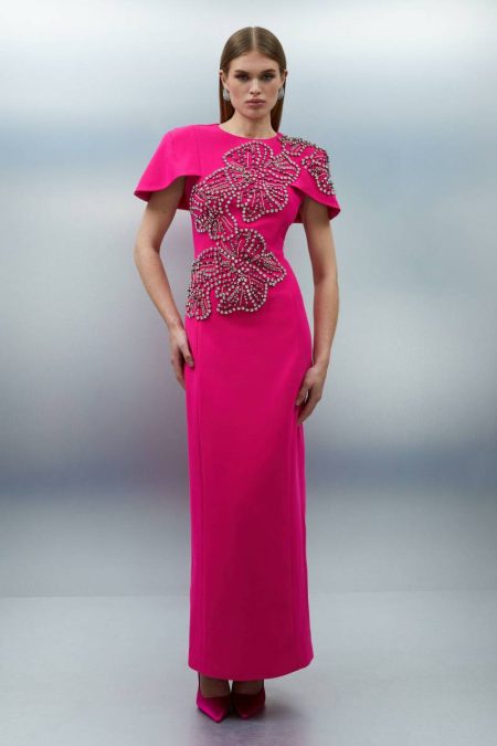 Karen Millen Women Placed Floral Crystal Embellished Tailored Cape Maxi Dress Navy Maxi Dresses