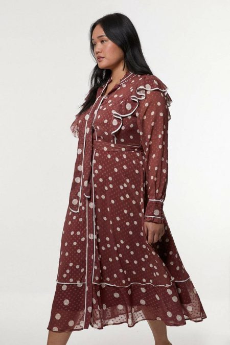 Karen Millen Women Plus Size Mixed Dot Piped Ruffle Georgette Midi Dress Midi Dresses Mocha