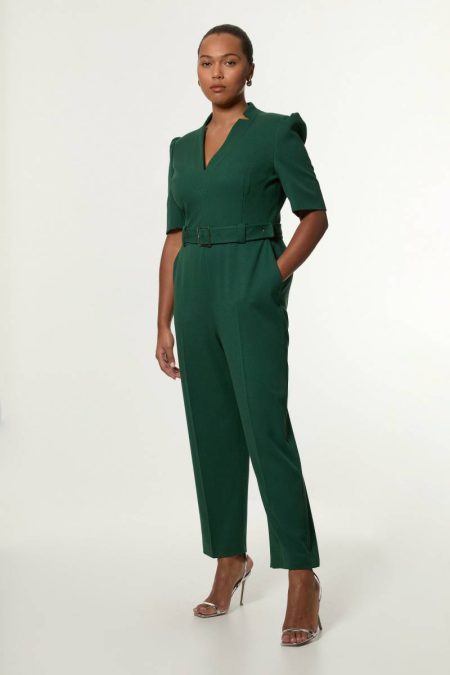 Karen Millen Women Plus Size Structured Crepe Forever Belted Jumpsuit Jumpsuits Forest