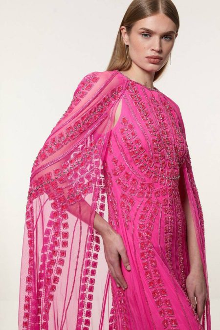 Karen Millen Women Premium Embellished Cape Maxi Dress Tailoring Hot Pink