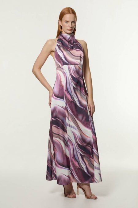 Karen Millen Women Purple Tall Graduated Stripe Viscose Satin Halter Dress Tailoring