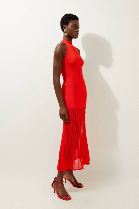 Karen Millen Women Red Tailoring Petite Viscose Blend Knit Halter Neck Sheer Skirt Maxi Dress